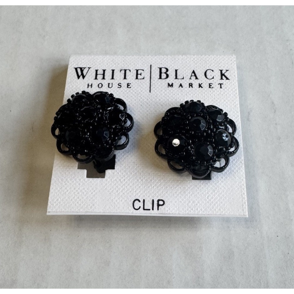 White House Black Market Clip Earrings Black Rhinestone NEW - Picture 2 of 3
